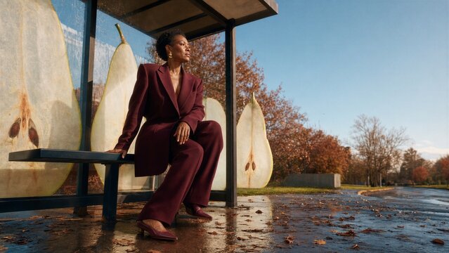 Woman in burgundy suit sitting on bus stop bench with giant pear slices as art installation.