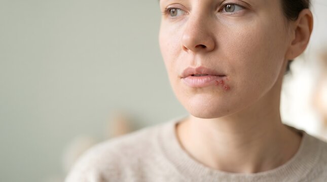 A close-up of a woman's lips showing a herpes simplex virus infection and painful blisters. AI generated.