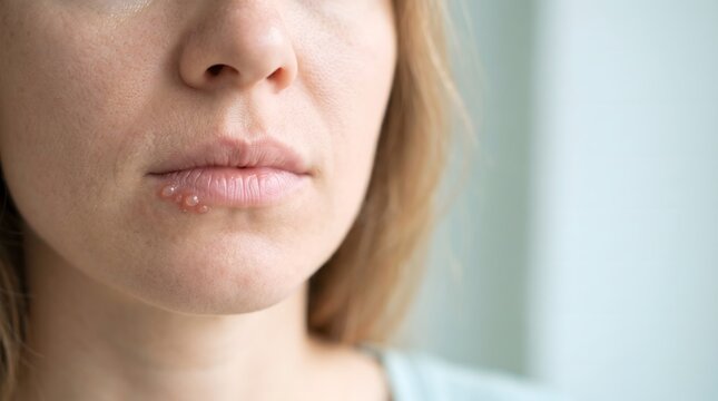 A close-up of a woman's lips showing a herpes simplex virus infection and painful blisters. AI generated.