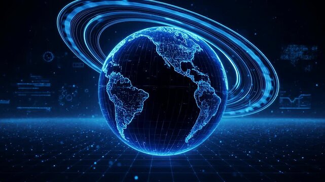 Digital Earth rotating with glowing rings in dark futuristic cityscape backdrop cinematic motion