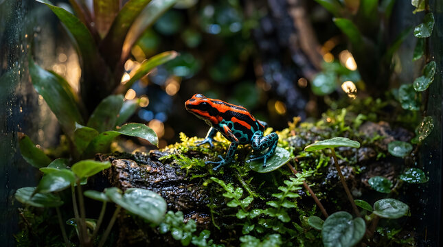 beautiful stripped color poison dart frog inside large terrarium