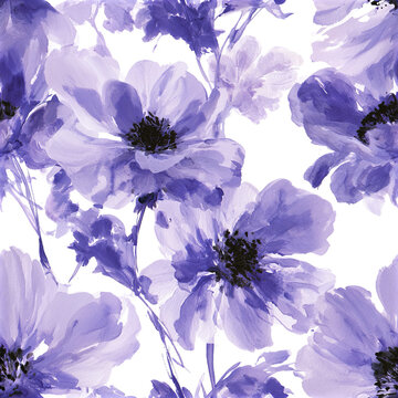 Seamless purple flower pattern with expressive watercolor petals and dark centers creating radiant garden design
