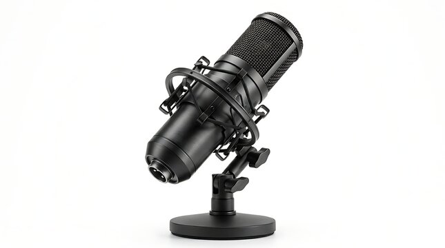 Professional black condenser microphone on a stand for studio recording and podcasting.