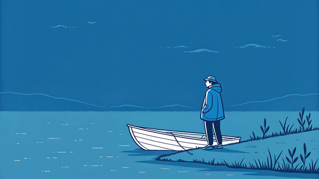 Person standing by a small boat on a calm lake shore at night in a minimalist illustration.