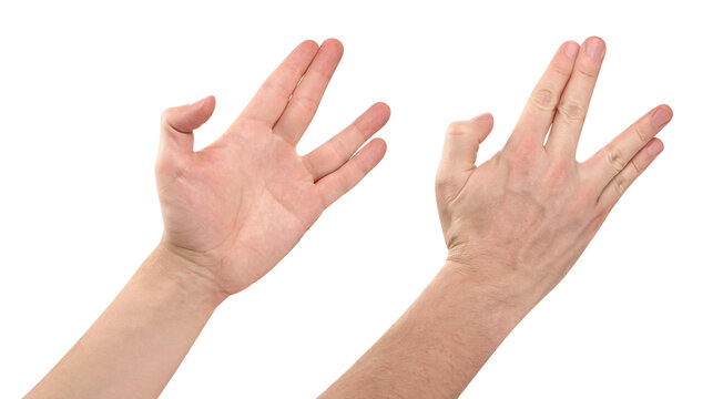 Set of male hands in strange gestures, isolated on transparent cutout background