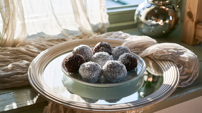 Chocolate truffles covered in grated coconut on a plate, reflecting on a mirrored tray with sunlight spilling through a window, creating a cozy atmosphere