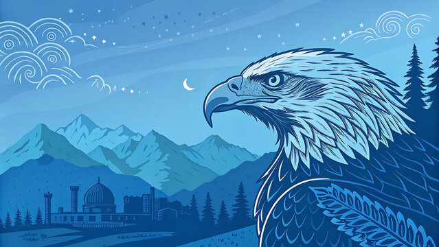 Majestic eagle portrait with mountain landscape and ancient temple in blue vector style
