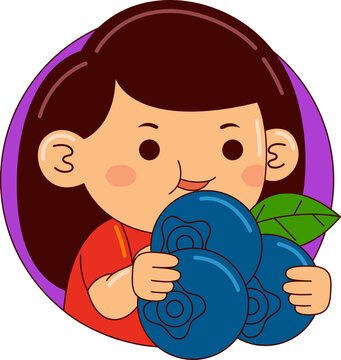 Cartoon Illustration of Child Eating Blueberry