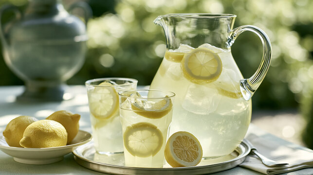 Homemade lemonade in a glass pitcher and two tumblers with fresh lemon, ice cubes, and whole lemons outdoors on a sunny day