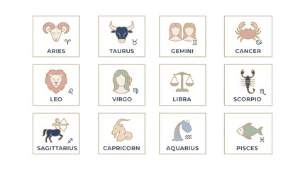 Obraz premium Zodiac Signs Set Flat Vector Icons on Transparent Background