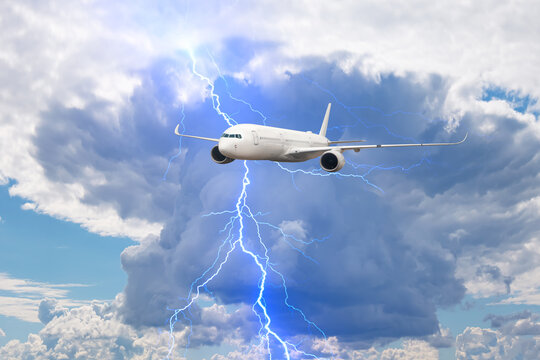 Airplane in the sky with thunder and lightning