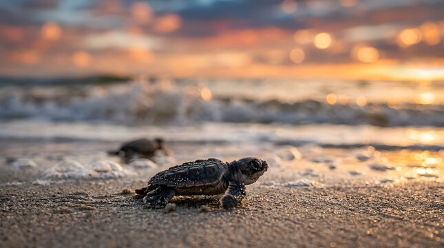 Loggerhead sea turtles (Caretta caretta) hatchlings on beach sunset time