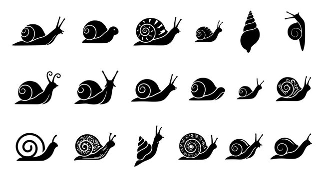 :
Snail Black Silhouette Vector Icons Collection with Spiral Shell and Garden Animal Designs