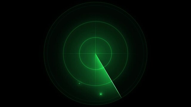 Green military radar sweep screen with rotating sonar line detecting targets in a seamless 4K looping animation for defense technology displays, submarine sonar interfaces, and navigation media
