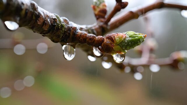 Close-up of tree branch with water droplets and tender green buds, signaling early spring renewal and fresh growth for nature documentaries, environmental awareness, and seasonal content video
