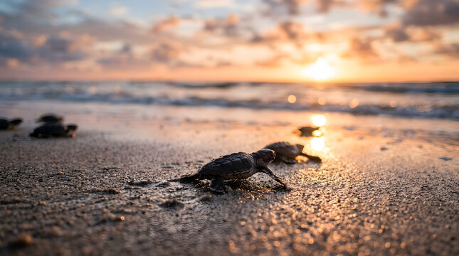 Loggerhead sea turtles (Caretta caretta) hatchlings on beach sunset time