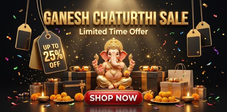Ganesh chaturthi sale banner with a golden ganesha statue, black gift boxes, hanging price tags, confetti, and lit oil lamps on a dark background, with a shop, now button
