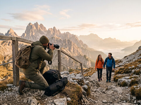 Professional outdoor photographer taking photos of a couple on a mountain trail