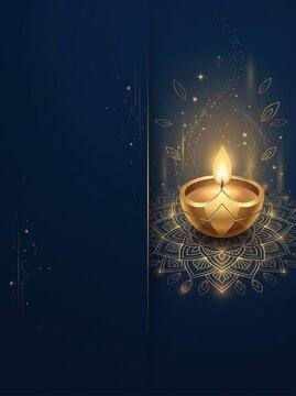 Glowing golden oil lamp illuminated on dark blue mandala pattern background with sparkles, representing festival celebration, spiritual light, tradition and holiday greeting card design.