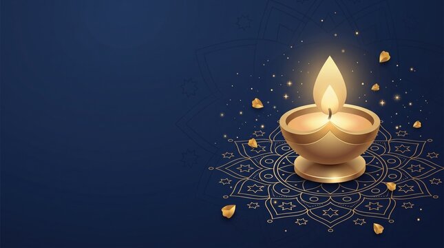 Glowing golden oil lamp illuminated on dark blue mandala pattern background with sparkles, representing festival celebration, spiritual light, tradition and holiday greeting card design.