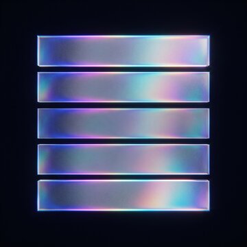 Close up of transparent iridescent glass bars glowing with rainbow light on black background, representing glassmorphism design, modern user interface elements and futuristic template.
