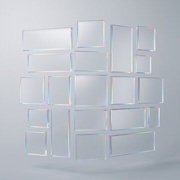 Collection of transparent iridescent glass rectangles and squares arranged on gray background, representing glassmorphism design, modern user interface elements and digital app template.