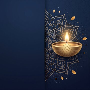 Glowing golden oil lamp illuminated on dark blue mandala pattern background with sparkles, representing festival celebration, spiritual light, tradition and holiday greeting card design.