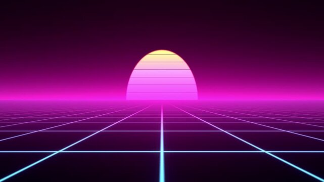 Moving retro 80s synthwave neon grid floor flying toward a glowing magenta sunset in a seamless 4K looping animation for cyberpunk gaming streams, nostalgic music visualizers, and synth visual display