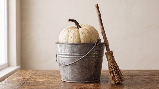 A pale autumn harvest pumpkin sits tucked inside a rustic galvanized metal bucket next to a small wooden witch broomstick resting upon an old weathered timber tabletop for seasonal home