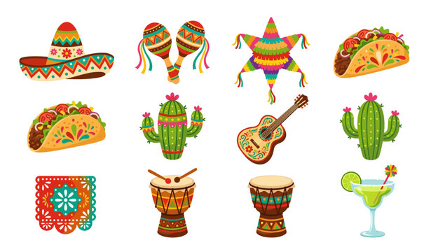 Mexican fiesta traditional elements vector collection with colorful star pinata, sombrero hat, maracas, tacos, acoustic guitar, flowering cactus, cocktail drink and festive drums for celebration