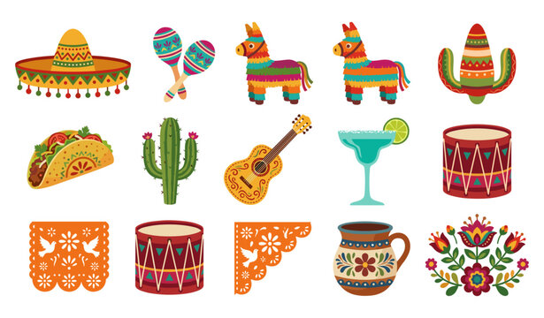  Mexican fiesta traditional vector elements set featuring colorful pinata, sombrero hat, maracas, taco, guitar, cactus, margarita cocktail, festive drums and floral ornaments for celebration