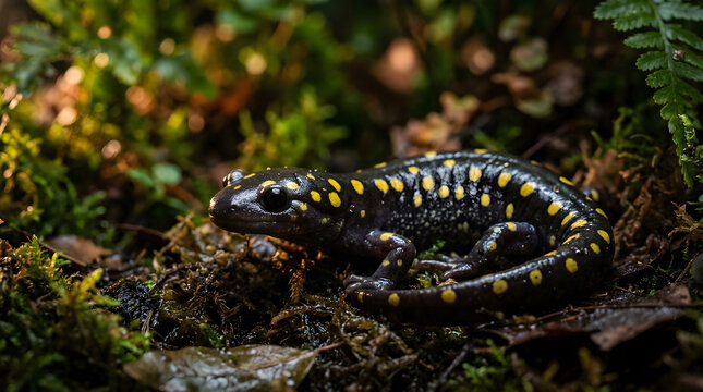 spotted salamander (Ambystoma maculatum) inside large terrarium