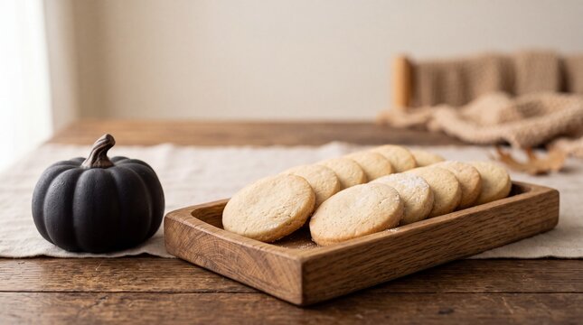 Fresh homemade round butter shortbread biscuits arranged neatly inside a rustic wooden serving tray next to a dark pumpkin decoration for a cozy autumn seasonal treat served on a dining table set