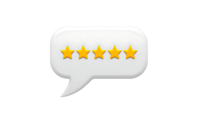 A 3D speech bubble with five gold stars isolated on white background. Perfect for rating and review concepts.
