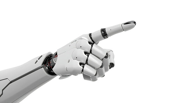 A robotic hand pointing with index finger isolated on white background. Represents artificial intelligence.
