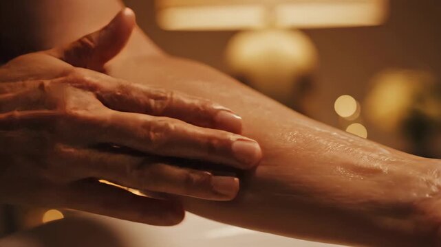 Hands gently massaging soothing anti-inflammatory balm into a forearm, illustrating topical wellness care through deliberate circular motions, ideal for beauty routines, self-care practices