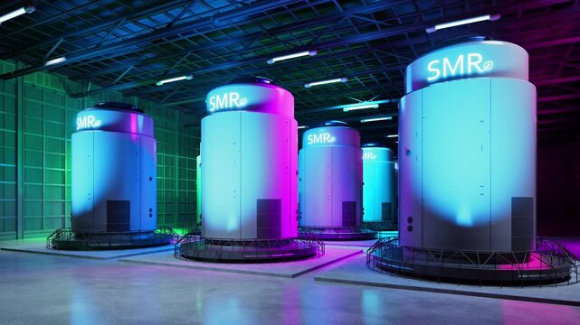 3d rendering group of smr or small modular nuclear reactors power plant with neon light 4k footage