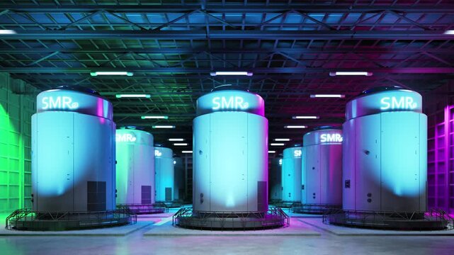 3d rendering group of smr or small modular nuclear reactors power plant with neon light 4k footage