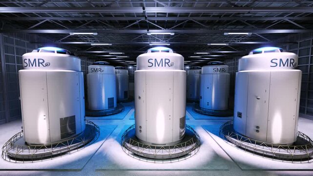 3d rendering group of smr or small modular nuclear reactors power plant 4k footage