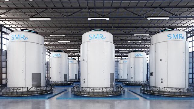 3d rendering group of smr or small modular nuclear reactors power plant in daytime 4k footage