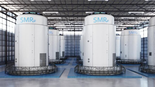 3d rendering group of smr or small modular nuclear reactors power plant in daytime 4k footage