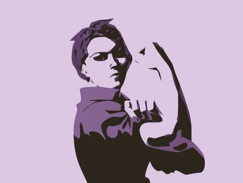 Stylized illustration of rosie the riveter icon in purple tones