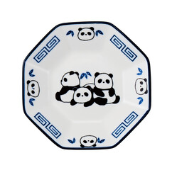Octagonal small dish with cute panda illustration and blue pattern on white background © sawa