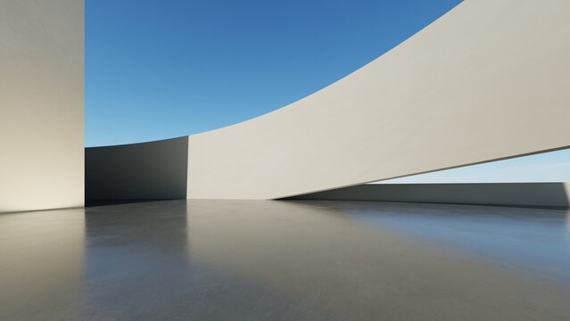 Abstract architecture background, Concrete curved wall with sweeping cantilever beam on reflective floor, Scene for car presentation, Modern Exterior, 3D rendering