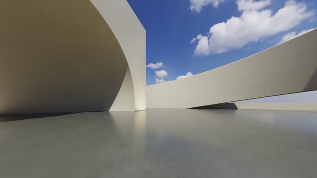 Abstract architecture background, Concrete curved wall structure under cloudy sky on reflective floor, Scene for car presentation, Modern Exterior, 3D rendering