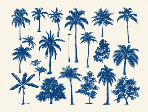 Set of hand drawn palm trees and tropical plants