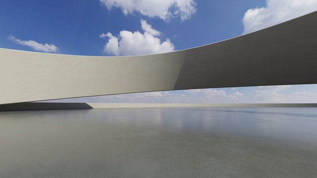 Abstract architecture background, Concrete sweeping curved cantilever roof under cloudy sky, Scene for car presentation, Modern Exterior, 3D rendering