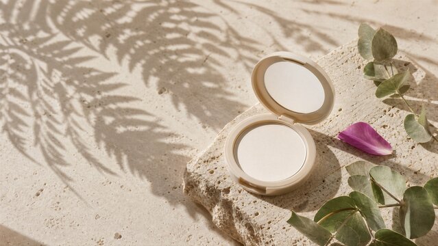 Powder compact case on a stone surface with eucalyptus branch and petal. Cosmetic product for makeup and skincare routine. Minimalist luxury beauty photography for social media.