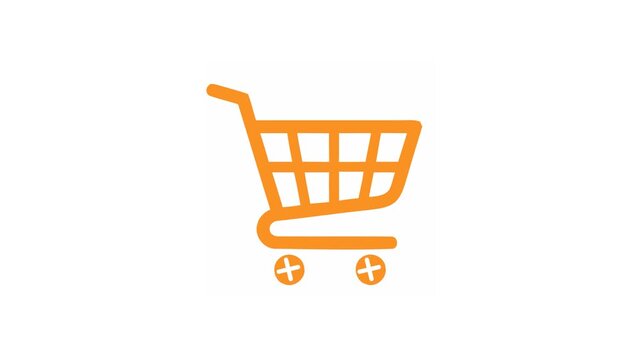 Minimalist orange shopping cart icon with plus sign wheels appearing on white background for retail
