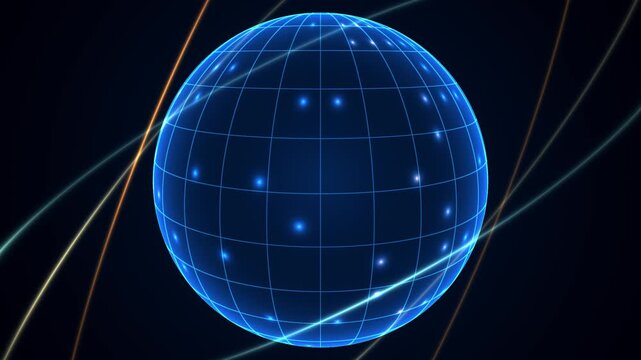 Rotating 3D blue wireframe digital globe with orbiting light streaks in a seamless 4K looping animation for global network communications, cyber security displays, and news broadcast media